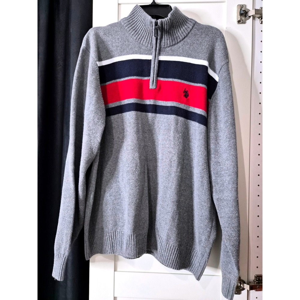 US Polo Assn Quarter‎ Zip Sweater Mens XL Gray Red Blue Stripe Pullover
